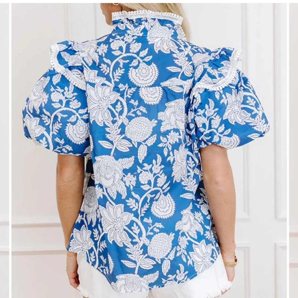 Entro Floral Blue and White Women's Top - Picture 2 of 8